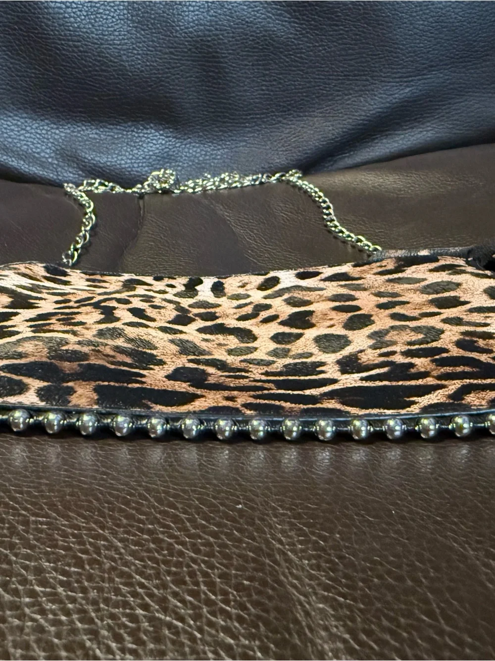 Leopard Print Chain Shoulder Bag - Brown